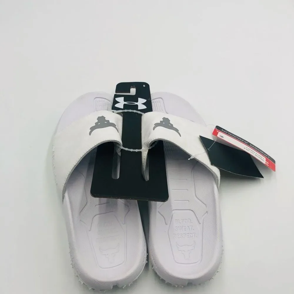 Brand New Under Armour Men's Project Rock Sideline White Slides Size 8 Flip Flop